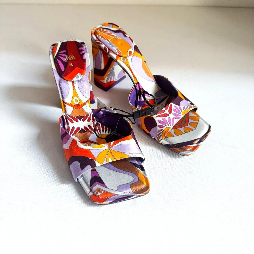 Zara Colorful  Psychedellic Print Square toe Slides 36 - Picture 5 of 14